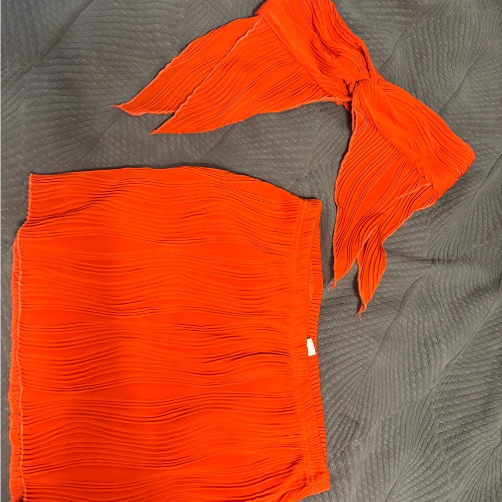 Vibrant Orange Pleated Top and Scarf Set